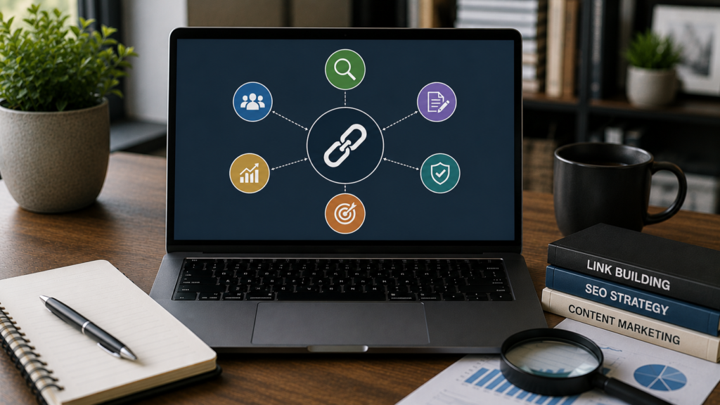 Realistic SEO workspace with a laptop displaying a backlink strategy diagram connecting link building, content marketing, keyword research, authority, and SEO goals to illustrate a structured backlink strategy.