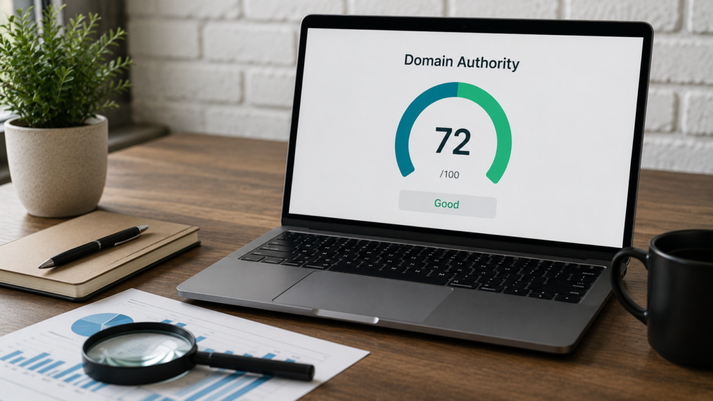 Laptop displaying a domain authority score dashboard with analytics reports and a magnifying glass on a professional workspace, representing the use of a domain authority checker to evaluate website SEO strength.