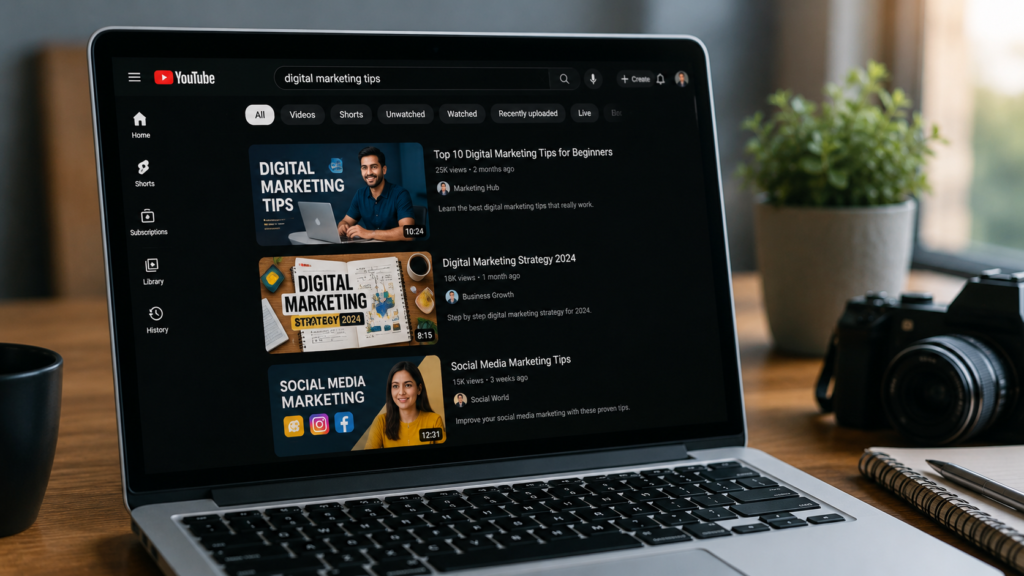 Realistic workspace with a laptop displaying a YouTube search page, illustrating how YouTube keyword searches help users discover videos based on specific search terms and popular topics.