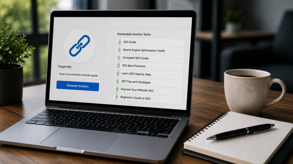 Realistic SEO workspace with a laptop displaying an anchor text generator interface, showing suggested keyword-rich anchor text options for internal and backlink optimization.
