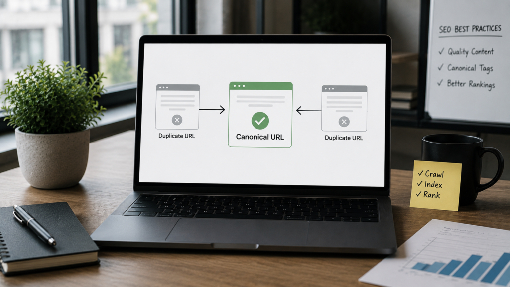 Realistic SEO workspace displaying a canonical URL concept with duplicate web pages pointing to a preferred canonical page, illustrating how canonical tags help search engines consolidate indexing signals and prevent duplicate content issues.