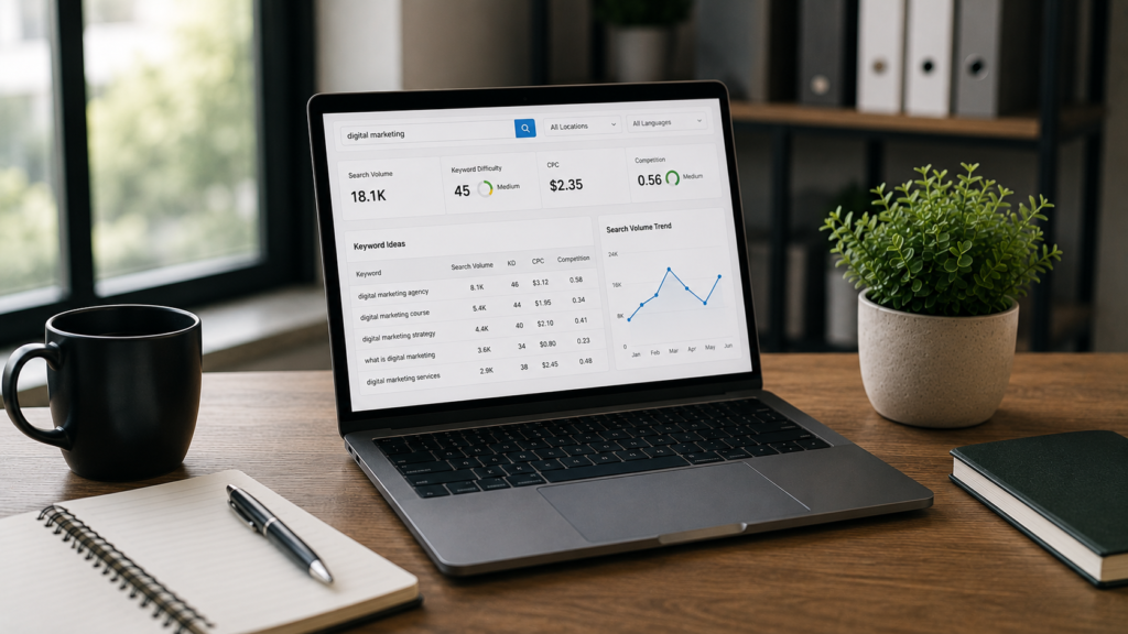 Realistic SEO workspace displaying a keyword search tool dashboard with keyword ideas, search volume, keyword difficulty, competition metrics, CPC data, and trend analysis used for search engine optimization and content planning.