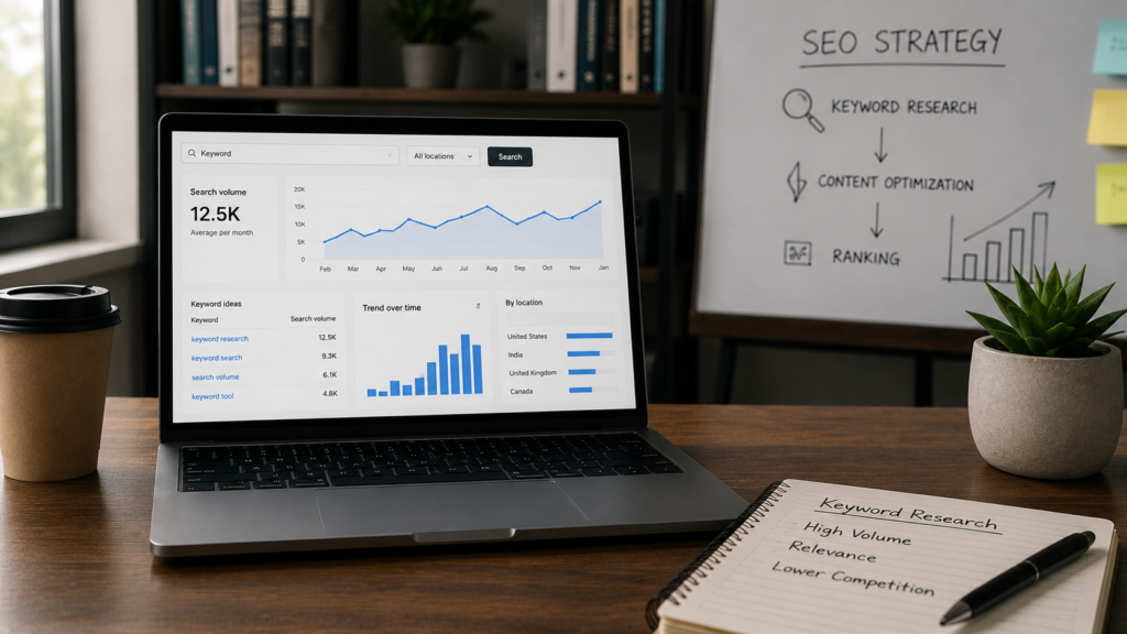 Realistic SEO workspace with a laptop displaying keyword search volume analytics, trend graphs, and keyword research notes explaining the concept of keyword search volume in SEO.