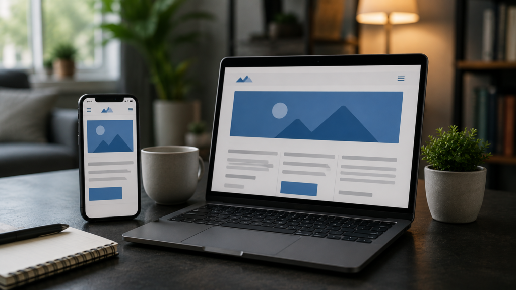 Realistic workspace showing a mobile phone and laptop with responsive website layouts, illustrating the concept of mobile-first indexing for SEO.