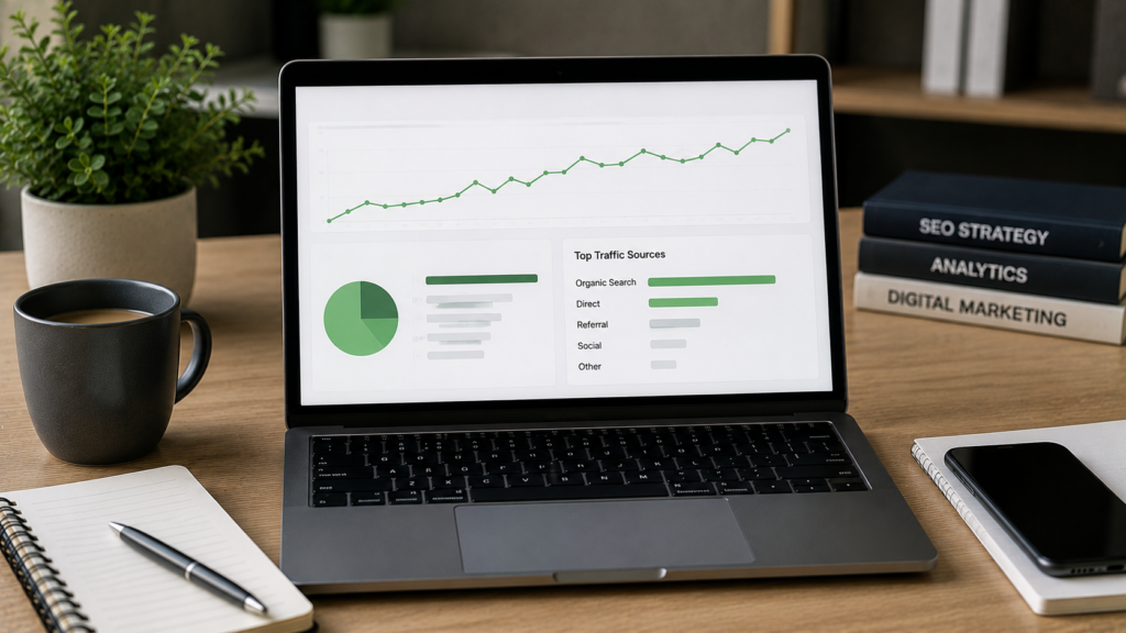Laptop displaying website analytics with organic search traffic sources, visitor trends, and growth metrics in a professional workspace, illustrating the concept of organic traffic generated through unpaid search engine results.
