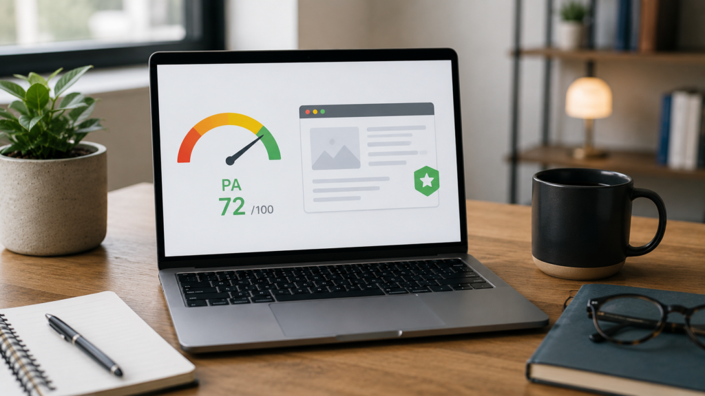 Realistic SEO workspace with a laptop displaying page authority metrics and website performance indicators, illustrating how page strength influences search rankings.