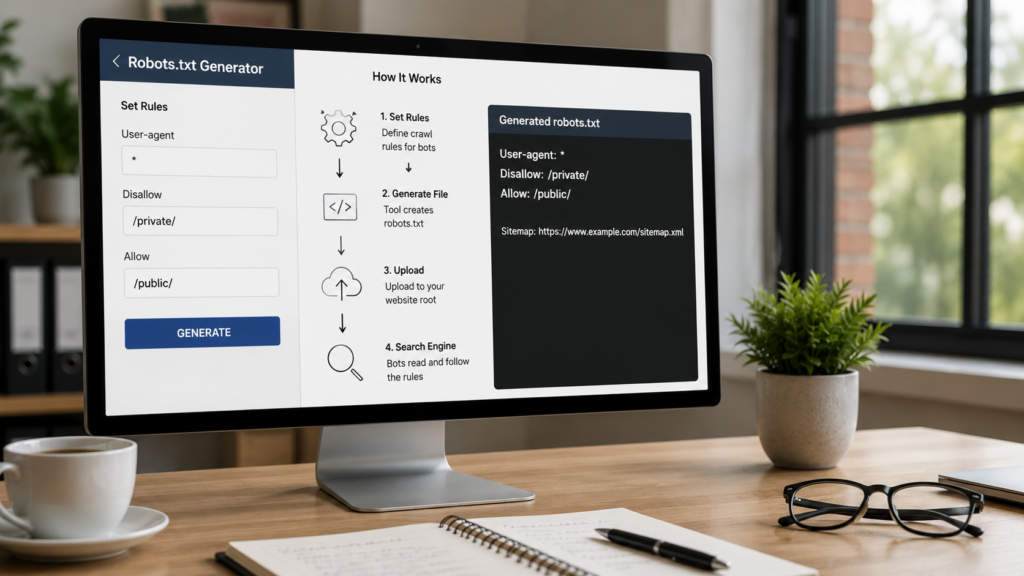 Photorealistic desktop monitor displaying a robots.txt generator interface with a visual workflow showing rule creation, file generation, website upload, and search engine crawling for SEO.