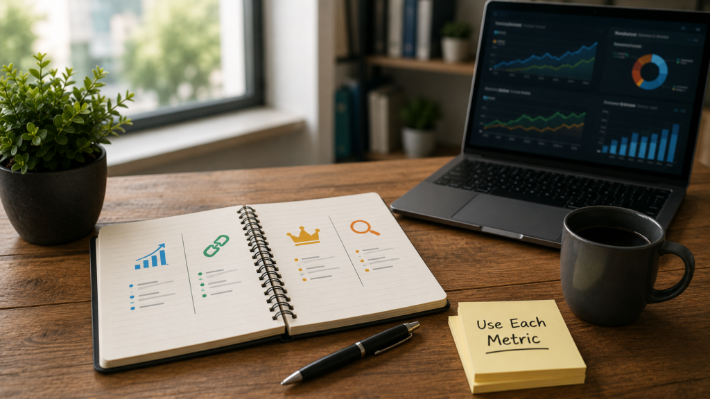 Realistic SEO workspace with analytics dashboard and metric comparison notes, illustrating when to use different website performance and authority metrics.