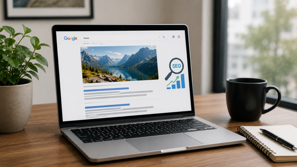 Laptop displaying search results with an optimized image, illustrating how descriptive alt text improves image SEO, accessibility, and search visibility.