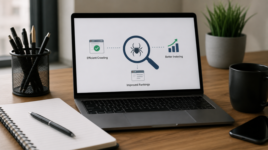 Modern workspace with a laptop illustrating how efficient crawl budget improves website indexing, crawling efficiency, and search rankings.
