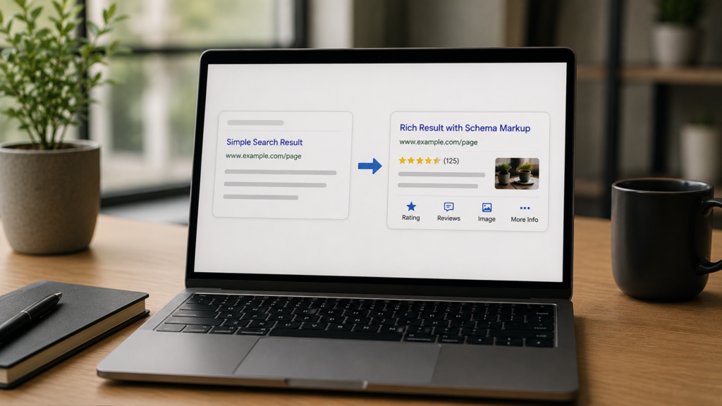Realistic workspace with a laptop comparing a standard search listing and an enhanced rich result, illustrating how schema markup improves search visibility, click-through rates, and SEO performance.
