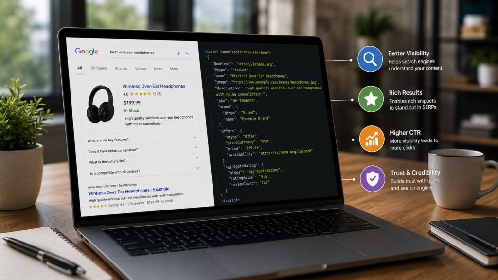 Photorealistic modern workspace with a laptop displaying Schema Markup (JSON-LD) beside enhanced Google search results, illustrating how structured data improves rich snippets, search visibility, click-through rate, and overall SEO performance.