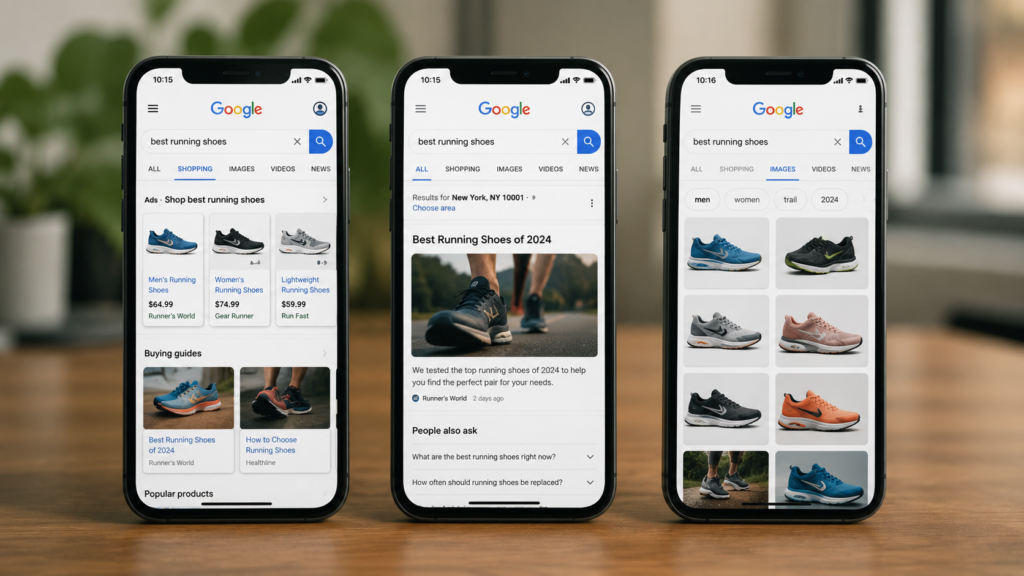 Realistic scene showing multiple smartphones displaying different search engine results for the same query, illustrating how SERPs vary based on user location, preferences, and search history.