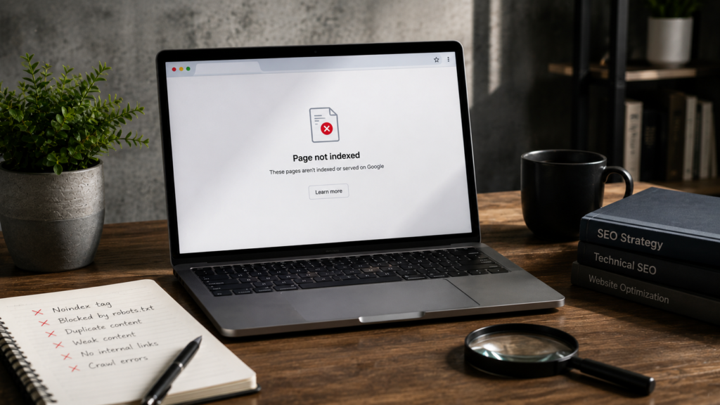 Realistic SEO workspace showing a webpage excluded from search indexing with common issues like noindex tags, crawl errors, duplicate content, and blocked resources.