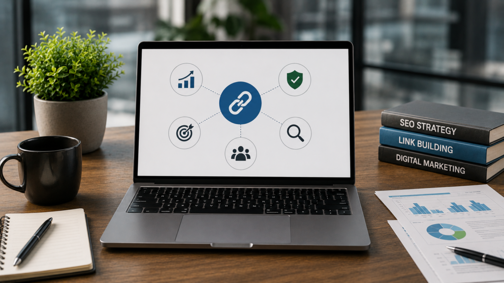 Realistic professional workspace featuring a laptop displaying a link building strategy roadmap with SEO analytics, illustrating the importance of a structured backlink strategy for long-term search visibility.