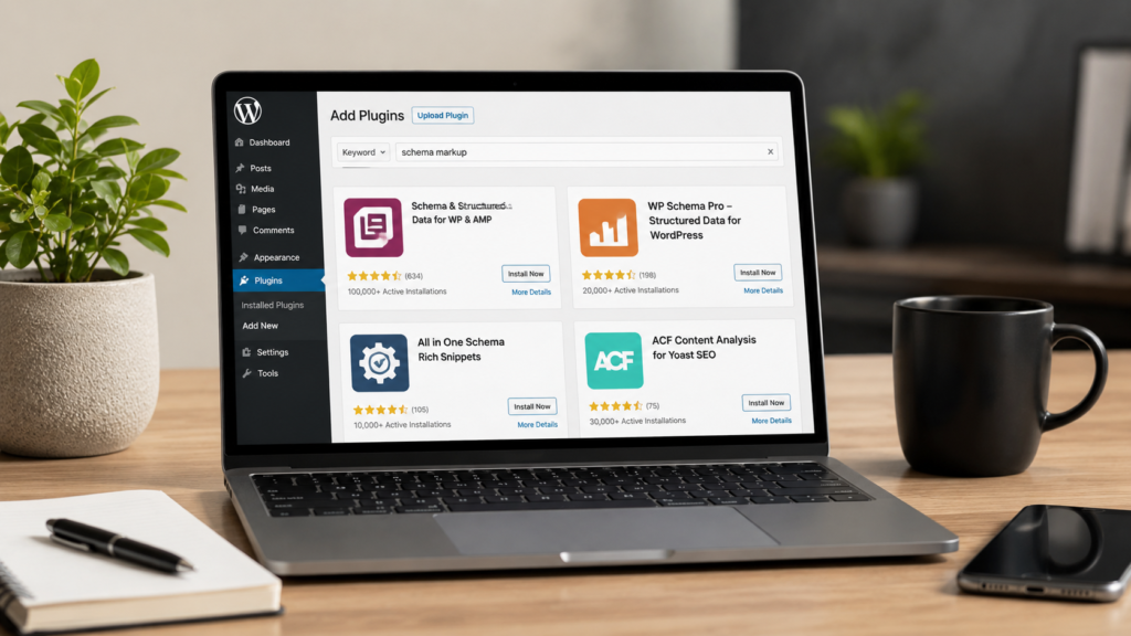 Realistic WordPress dashboard displaying schema markup plugin recommendations on a laptop, illustrating plugin selection for structured data and improved SEO performance.