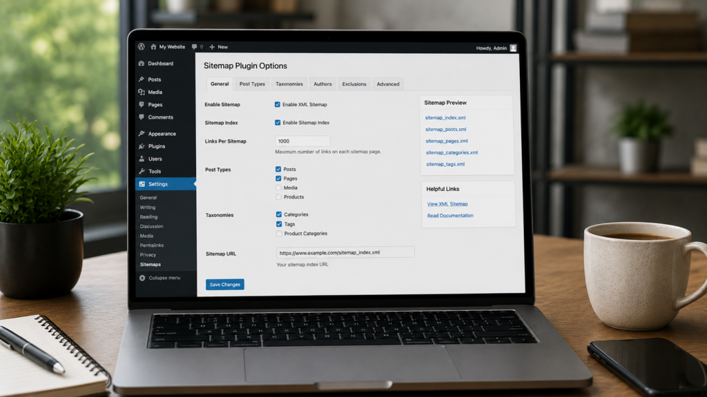 Photorealistic modern workspace with a laptop displaying WordPress sitemap plugin settings, showing XML sitemap options, post types, taxonomy configuration, and sitemap preview for improved SEO indexing.