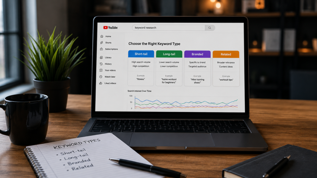 Realistic digital marketing workspace with a laptop displaying YouTube keyword research categories, illustrating how to choose the right keyword type such as short-tail, long-tail, branded, and related keywords for better video SEO.