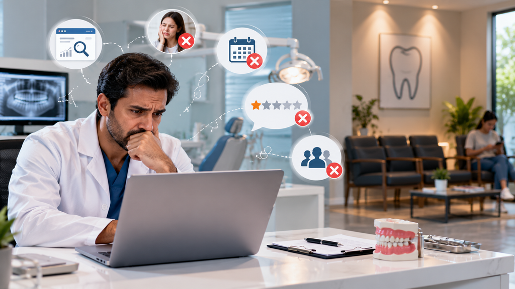 Dentist reviewing low patient acquisition, poor search visibility, canceled appointments, and negative reviews in an empty dental clinic.