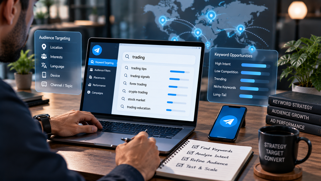 Realistic workspace showing advanced Telegram keyword targeting with audience filters, keyword opportunities, location targeting, and campaign analytics.