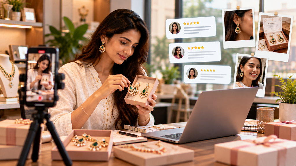 Realistic jewelry creator showcasing products while collecting customer reviews and creating social media content to build trust for an online jewelry brand.