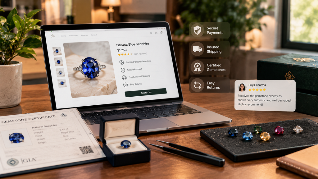 Realistic gemstone ecommerce workspace showing certified gemstones, secure payment, verified seller details, customer reviews, professional packaging, and authenticity inspection.
