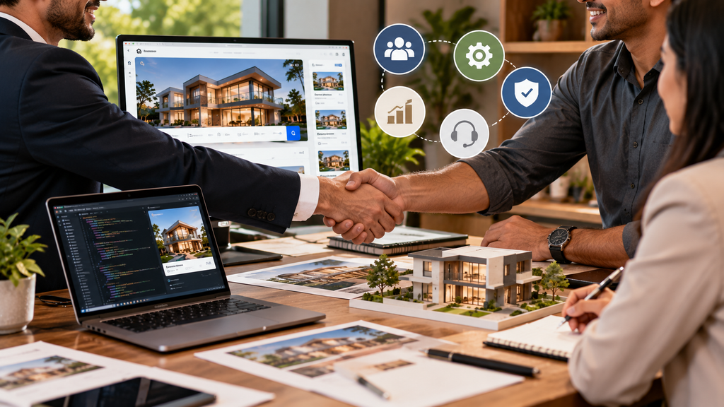 Realistic real estate development team evaluating a web development partner through website designs, coding, security, analytics, support, and project collaboration.
