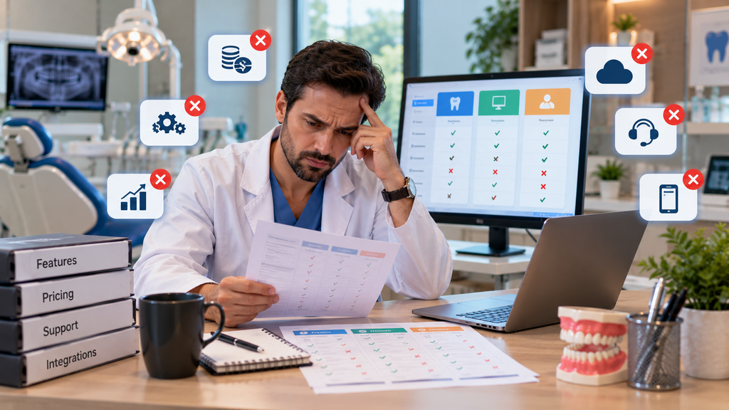 Realistic dentist comparing dental clinic software options with feature, pricing, support, integration, and compatibility warnings, illustrating common software selection mistakes.