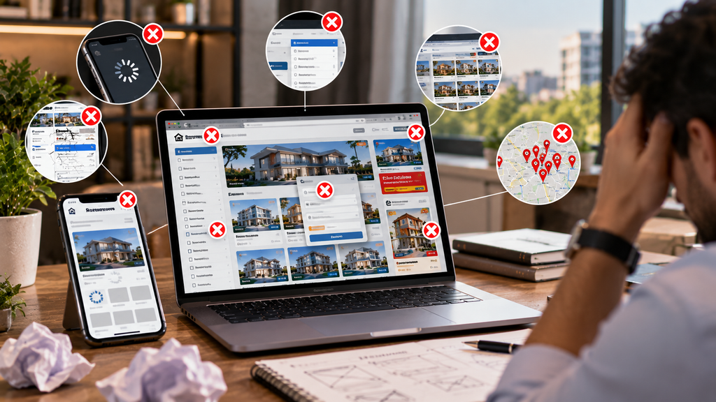 Realistic property listing website showing common design mistakes including slow loading, cluttered navigation, poor mobile layout, confusing forms, and incorrect location displays.