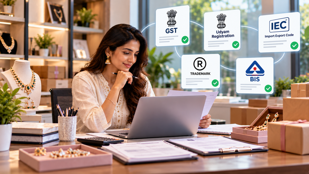 Realistic jewelry business workspace showing GST, Udyam Registration, Import Export Code, Trademark, and BIS certification documents with completed checkmarks.