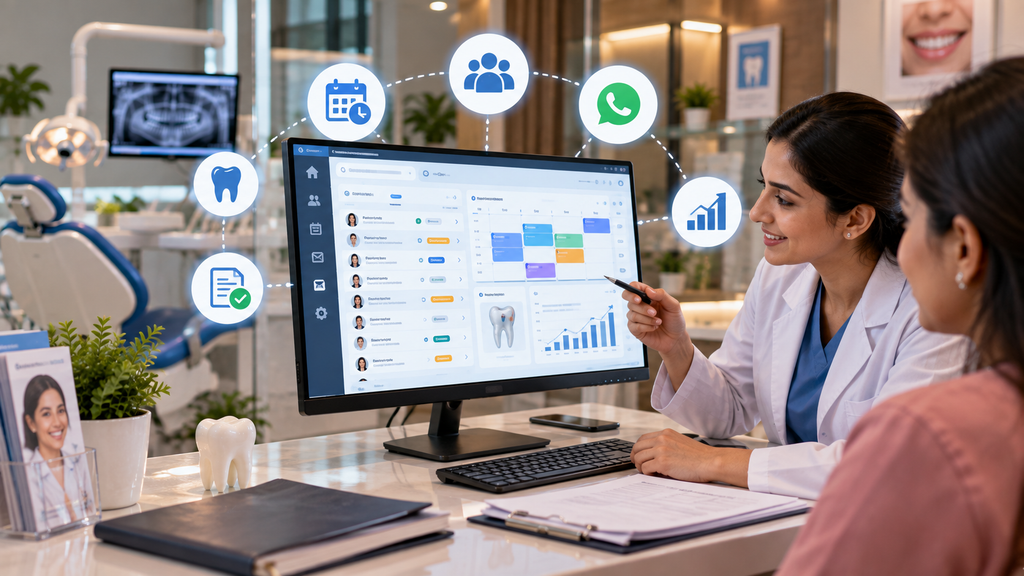Realistic dental clinic showing a dentist using CRM software to manage patient records, appointments, communication, treatment data, and practice analytics.