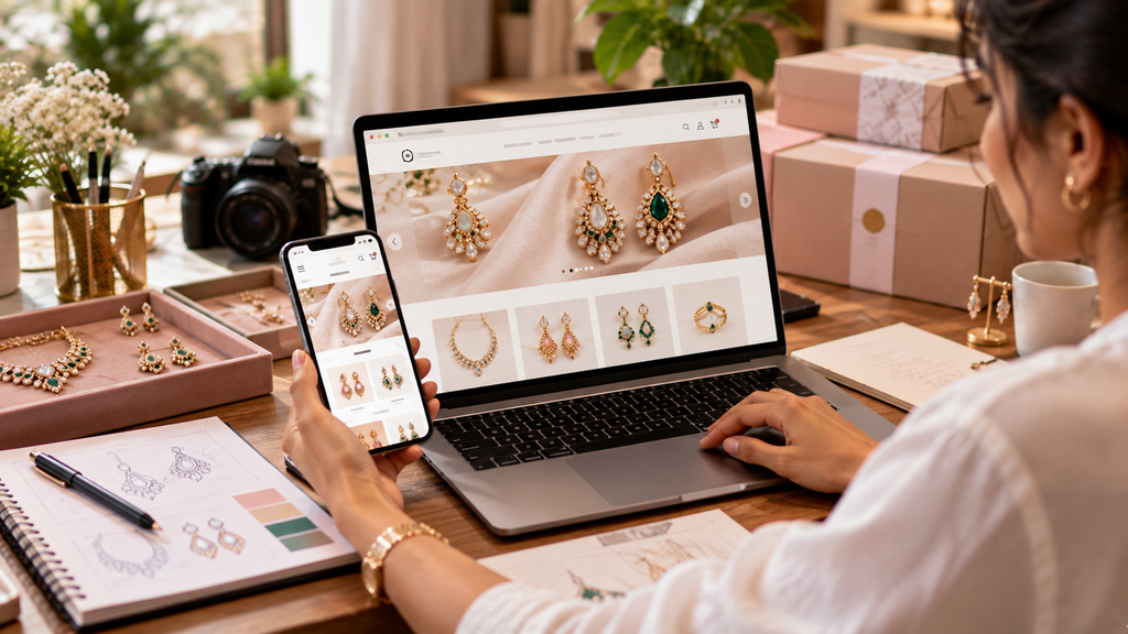 Realistic jewelry entrepreneur designing a professional online store with responsive jewelry product displays on a laptop and smartphone, supported by product photography and packaging.