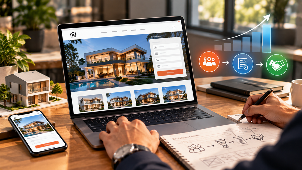 Realistic real estate website design focused on conversions, showing property listings, enquiry forms, lead generation flow, analytics, and clear calls to action.