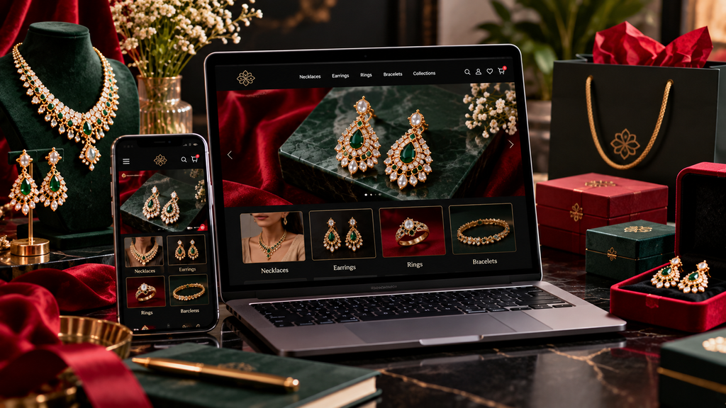 Luxury jewelry ecommerce website displayed on a laptop and smartphone with gold and emerald jewelry, black marble, deep red velvet, and dark green packaging.