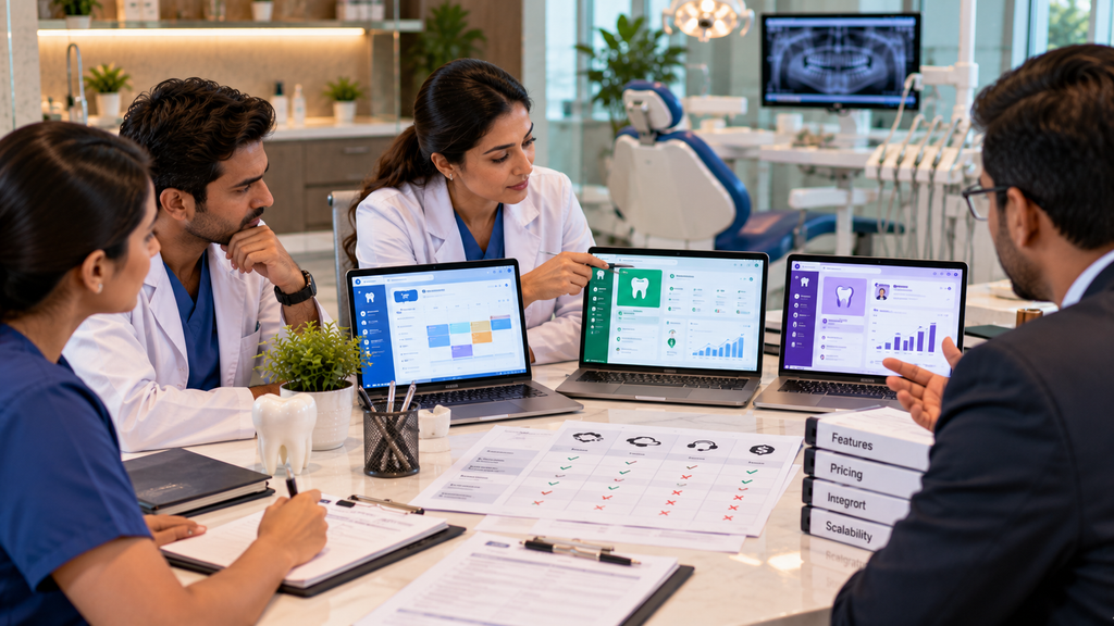 Realistic dental clinic team comparing software vendors across multiple laptops using criteria such as features, pricing, support, integration, and scalability.