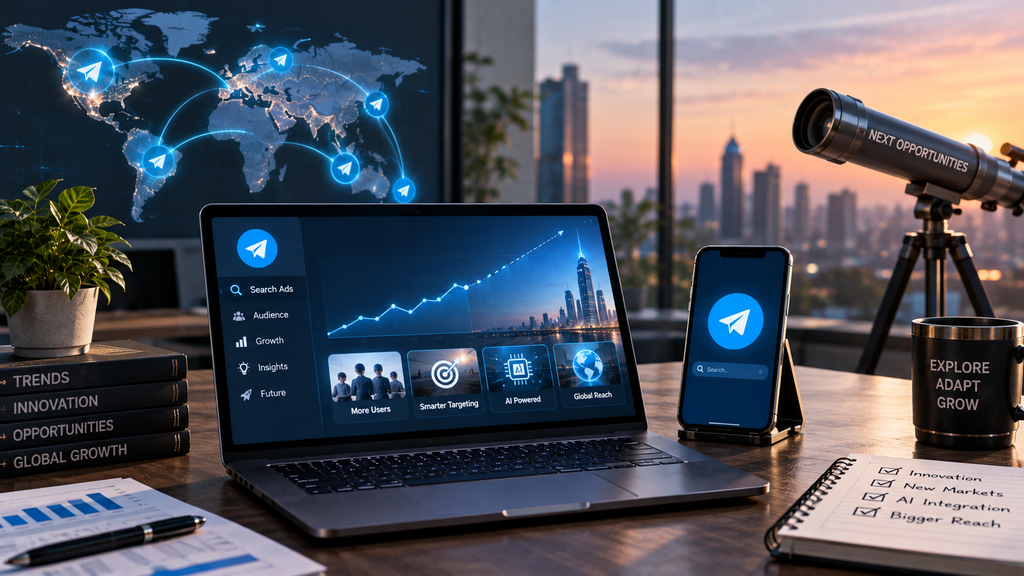 Realistic futuristic workspace showing the future of Telegram search advertising with AI targeting, global reach, audience growth, and emerging opportunities.