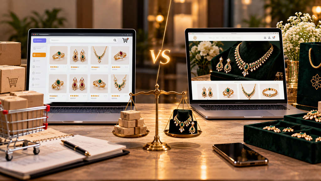 Realistic jewelry ecommerce comparison showing a marketplace store and custom jewelry website on laptops, with jewelry products, packaging, and a balance scale between them.