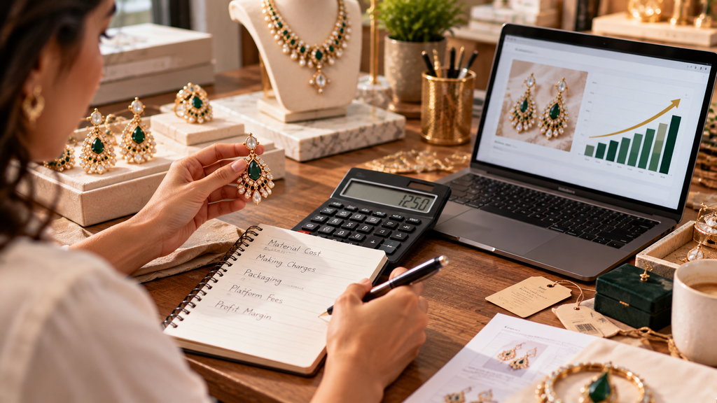 Realistic jewelry business workspace showing product costing, pricing calculations, profit margins, jewelry tags, a calculator, and an e-commerce pricing spreadsheet.
