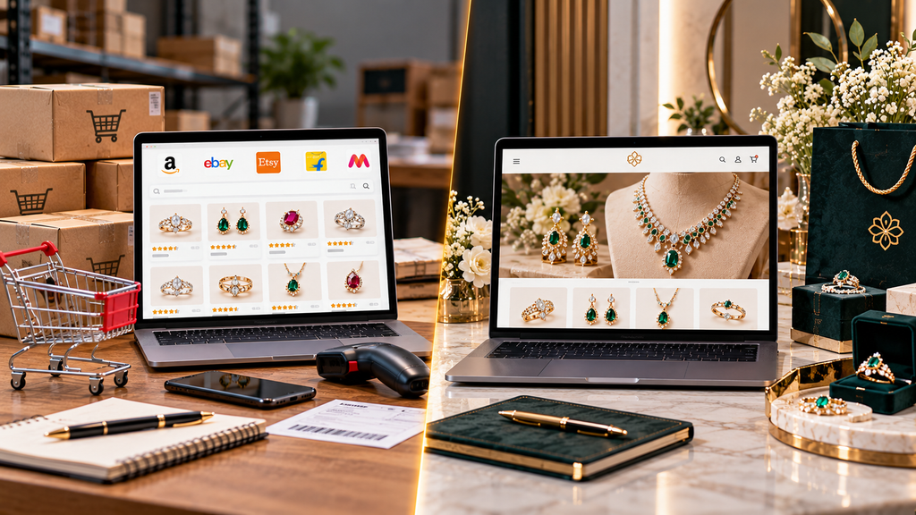 Realistic side-by-side jewelry ecommerce comparison showing a marketplace store with shipping tools and a branded website with luxury jewelry displays and packaging.