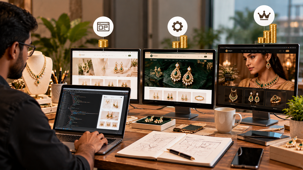 Realistic Indian jewelry web development workspace showing multiple ecommerce website designs, coding screens, jewelry products, and different development package price levels.