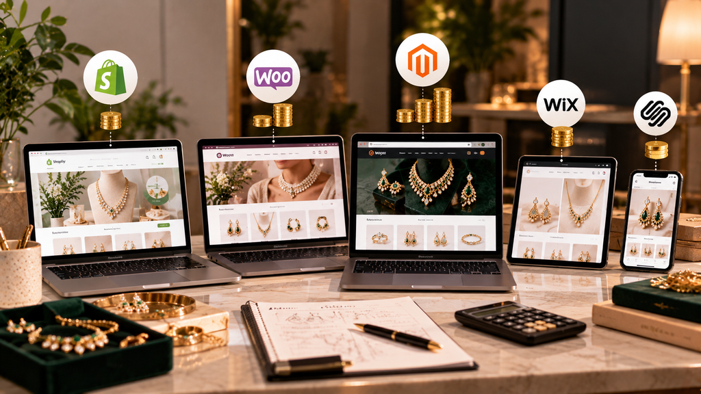 Realistic jewelry ecommerce workspace comparing online store platforms with different pricing levels, shown across laptops, tablets, and smartphones with jewelry product displays.