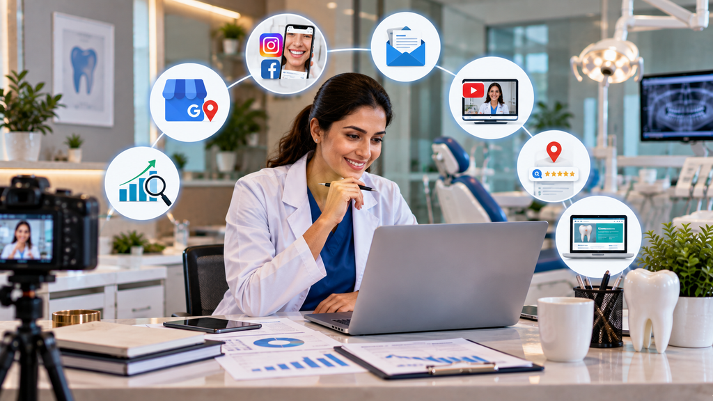 Realistic dental clinic marketing workspace showing Google, social media, email, video, reviews, website, and analytics channels supporting dental practice growth.