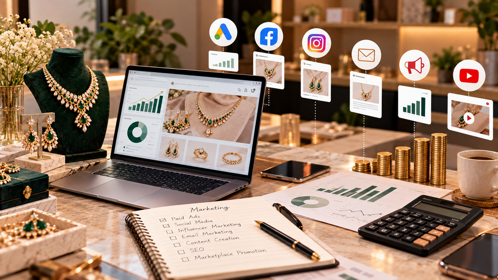 Realistic jewelry ecommerce marketing workspace showing paid ads, social media, influencer marketing, email, SEO, content creation, marketplace promotion, analytics, and budget planning.