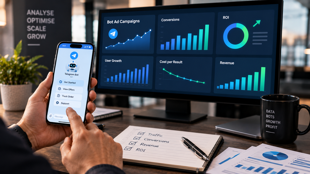 Realistic Telegram bot advertising workspace showing campaign performance dashboards for conversions, ROI, user growth, cost per result, and revenue.