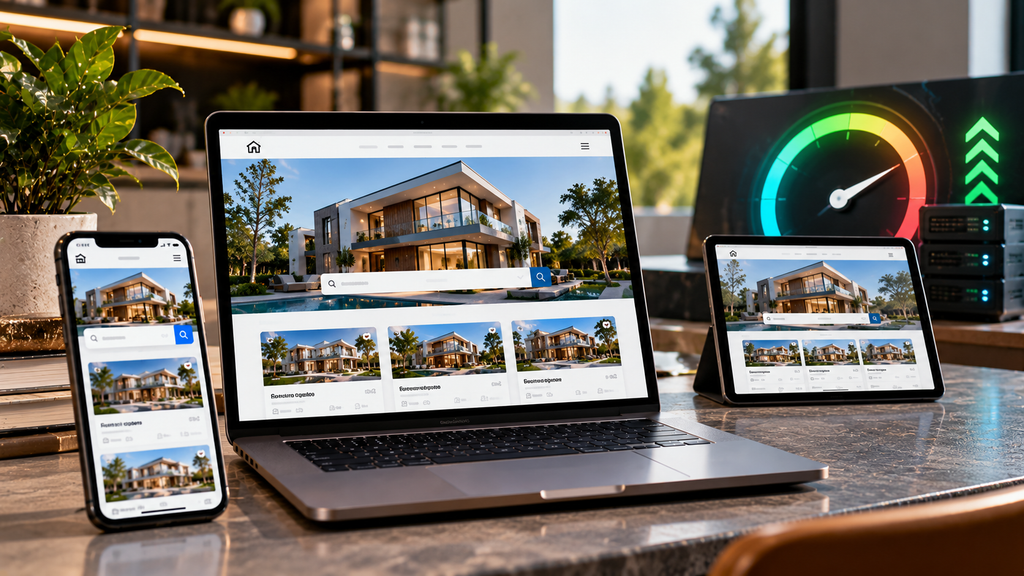 Realistic responsive real estate website displayed across a laptop, smartphone, and tablet, with fast-loading property pages, performance indicators, and modern property listings.