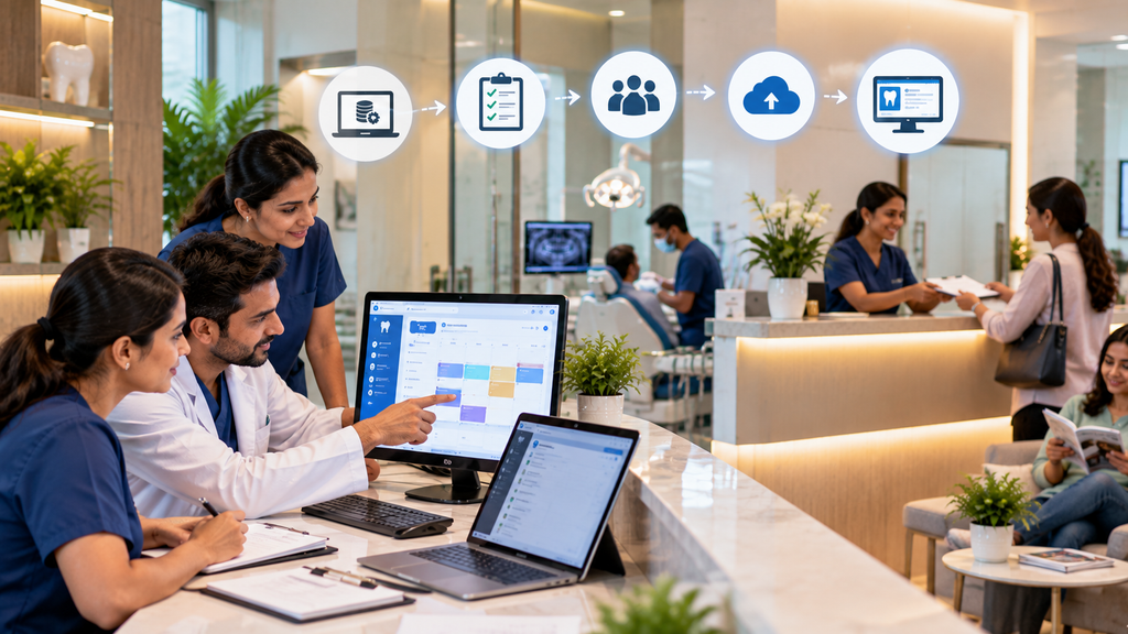 Realistic dental clinic team onboarding new software while reception staff continue assisting patients, illustrating a smooth system transition without disrupting patient care.