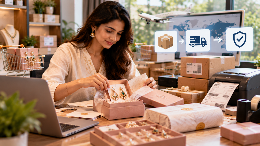 Realistic jewelry fulfillment workspace showing secure jewelry packaging, shipping labels, delivery boxes, logistics planning, and insurance protection for online orders.