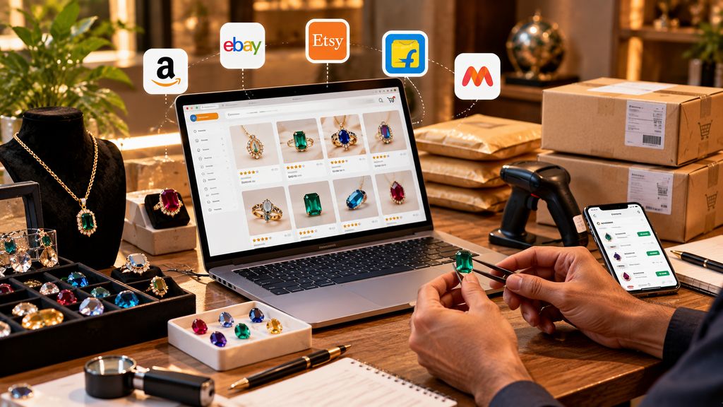 Realistic gemstone seller managing marketplace listings on a laptop and smartphone, with colorful gemstones, jewelry, packaging boxes, and order fulfillment tools.