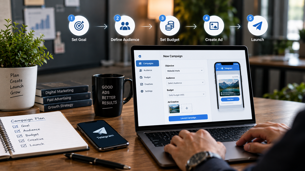 Realistic digital marketing workspace showing the step-by-step process of launching a Telegram campaign, from setting goals and defining an audience to budgeting, creating ads, and launching.