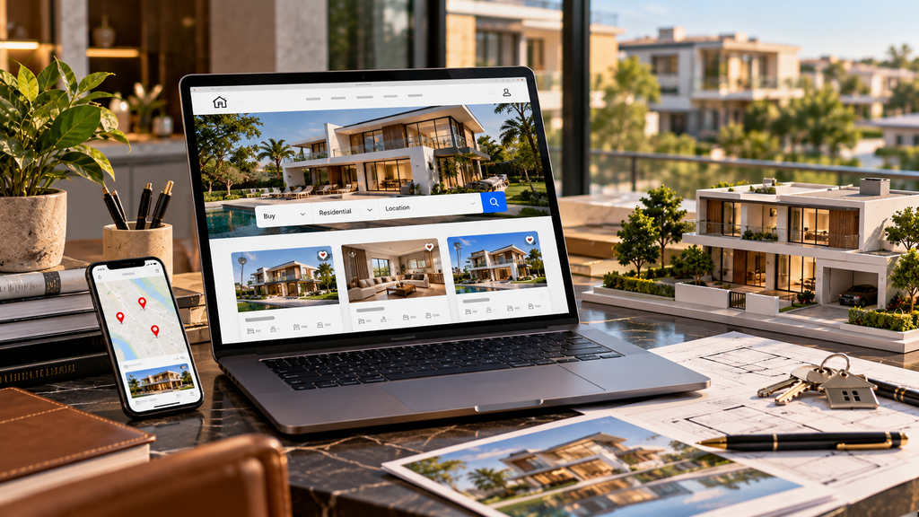 Realistic real estate workspace showing a modern property listing website with high-quality property photos, search filters, location maps, listing cards, and mobile-friendly design.